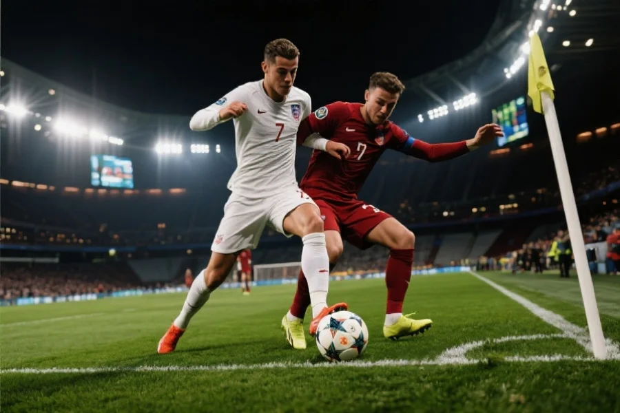 两名欧洲足球明星球员在比赛中激烈争夺控球权，球场灯光明亮，比赛气氛紧张