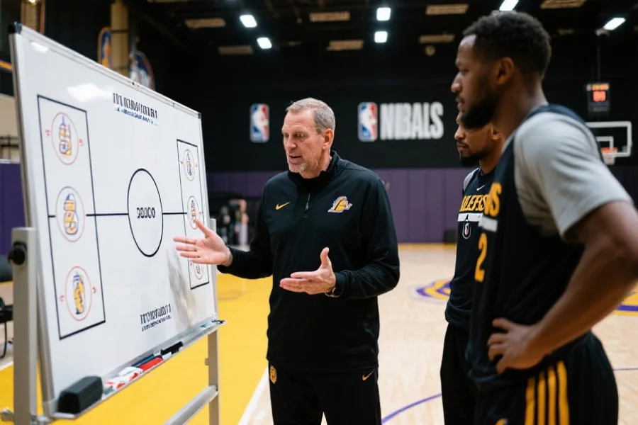 教练在战术板前与球员讨论，专注地分析对手战术，背景为NBA总决赛训练场景