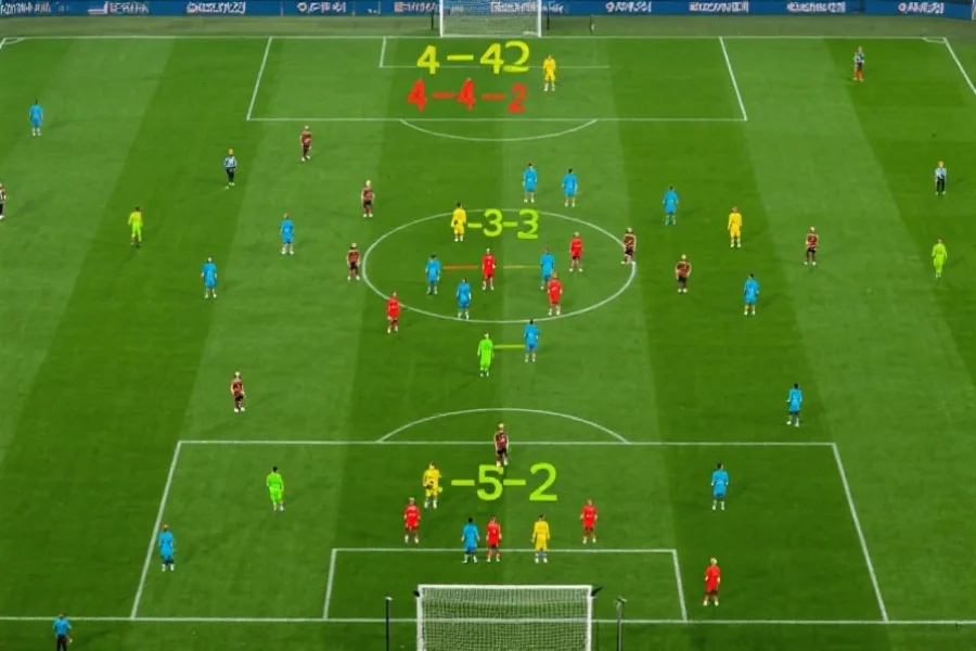 足球场上队员分布展示三种典型阵型（4-4-2、4-3-3和3-5-2），用不同颜色标记球员位置