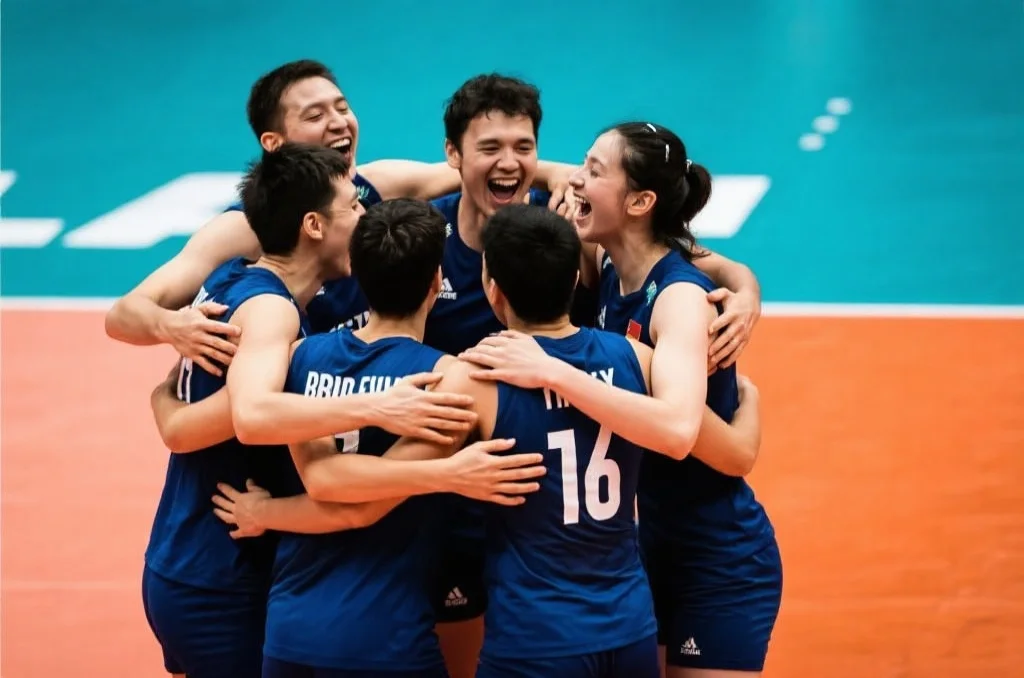 排球运动员在决胜局连续得分逆转后，团队紧紧拥抱庆祝的画面，体现拼搏与团结